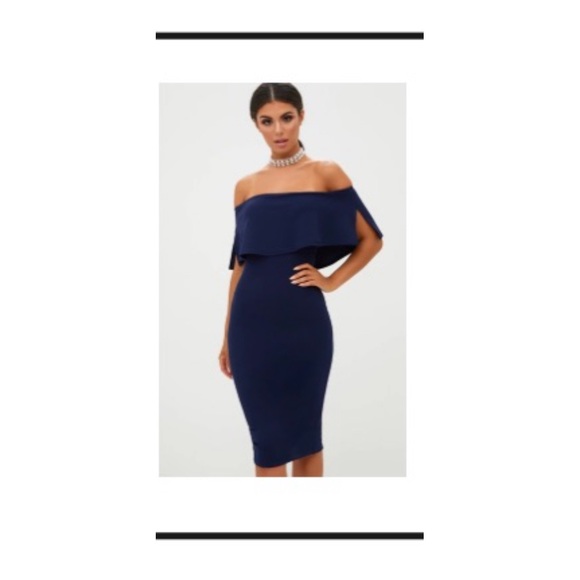Navy Bardot Frill MIDI Dress - Picture 4 of 4